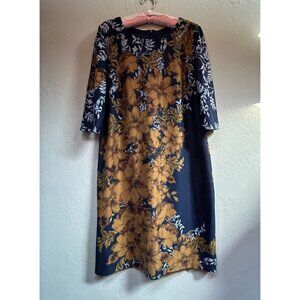 RMLL Womens Size 16 Boat Neck Gold & Navy Floral Print Sheath Dress 3/4 Sleeve